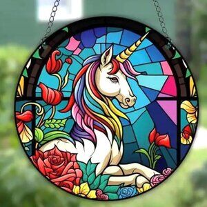 Unicorn Suncatcher Fantasy Rainbow Flowers Horse Window Magical In/Oudoor NEW